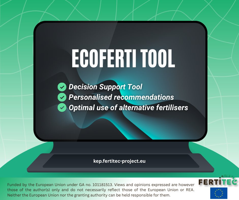 fertitecproject's tweet photo. 📊This is the 𝐅𝐄𝐑𝐓𝐈𝐓𝐄𝐂 𝐄𝐜𝐨𝐅𝐞𝐫𝐭𝐢 𝐓𝐨𝐨𝐥, a Decision Support Tool designed to support sustainable fertilisation and the uptake of alternative fertilisers.

🌐 Try the EcoFerti Tool here: https://t.co/9UvNt8G9Yw

#AlternativeFertilisers #SustainableFertilisation https://t.co/EWUBMdLBrG