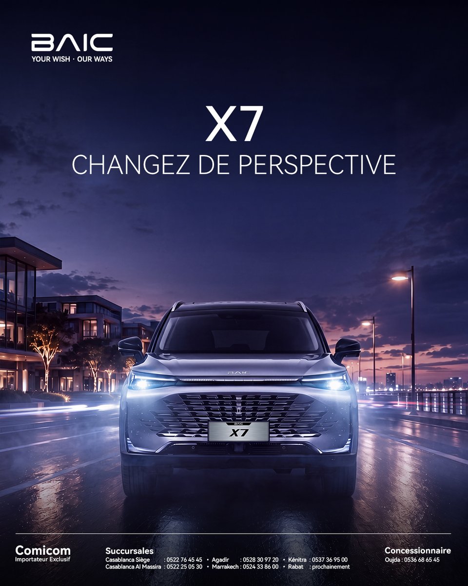 BaicMaroc's tweet photo. Votre style mérite une nouvelle perspective. 🚘
Le SUV BAIC X7 associe lignes élégantes, technologie intuitive et confort premium pour une expérience à la hauteur de vos envies.

#BAIC #X7 #YourWishOurWays #BeBaic https://t.co/5Odifd11RG
