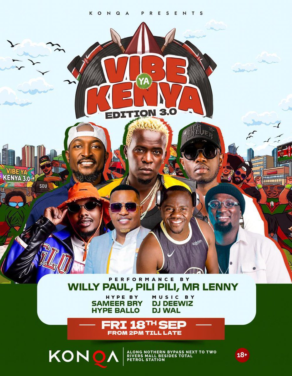Mrphabrick's tweet photo. Three more reasons still count as Vibe Ya Kenya3.0 at Konqa this Friday from two till late with Willy Paul Pili Pili Mr Lenny plus hosts and DJs who keep the Kenyan Friday feeling easy #KonqaTakesOver. https://t.co/Tes5wMPMEv