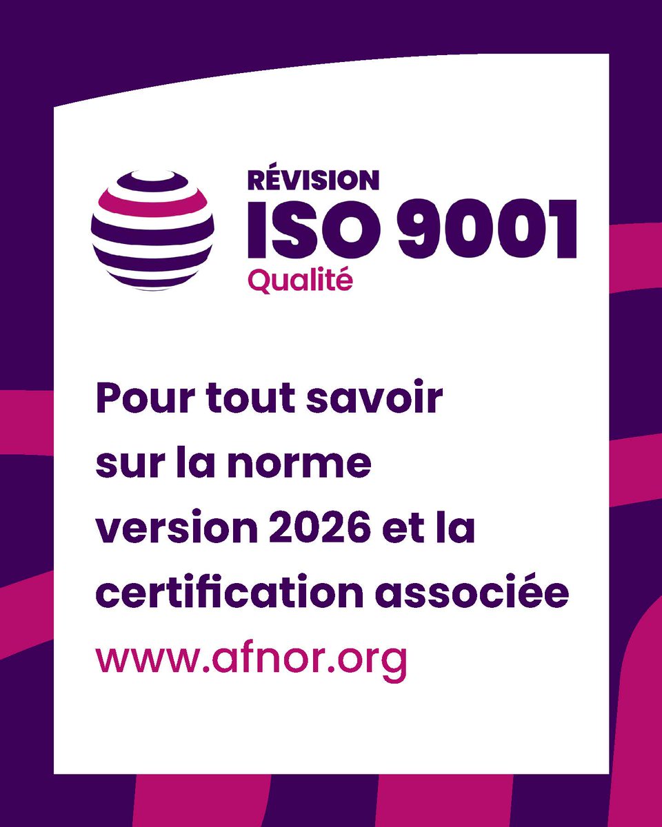 AFNOR's tweet photo. 🌐 Découvrez la nouvelle version de l'ISO 9001 !  

➕ Onze ans après sa dernière révision, une nouvelle version de la référence mondiale du management de la qualité est publiée ce jour en France et dans le monde.   
👉 Téléchargez la norme : https://t.co/6qcyqrlYnD https://t.co/6ptenbOrBU