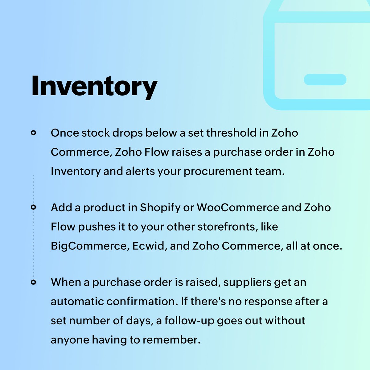 ZohoFlow's tweet photo. Every new order feels good, but the follow-up work shouldn't take the shine off it. 

Connect your store to the tools that handle shipping, accounting, inventory, and support with Zoho Flow, and let it handle the rest. 👇
https://t.co/S187XXV38D https://t.co/V5XJ1e98wp