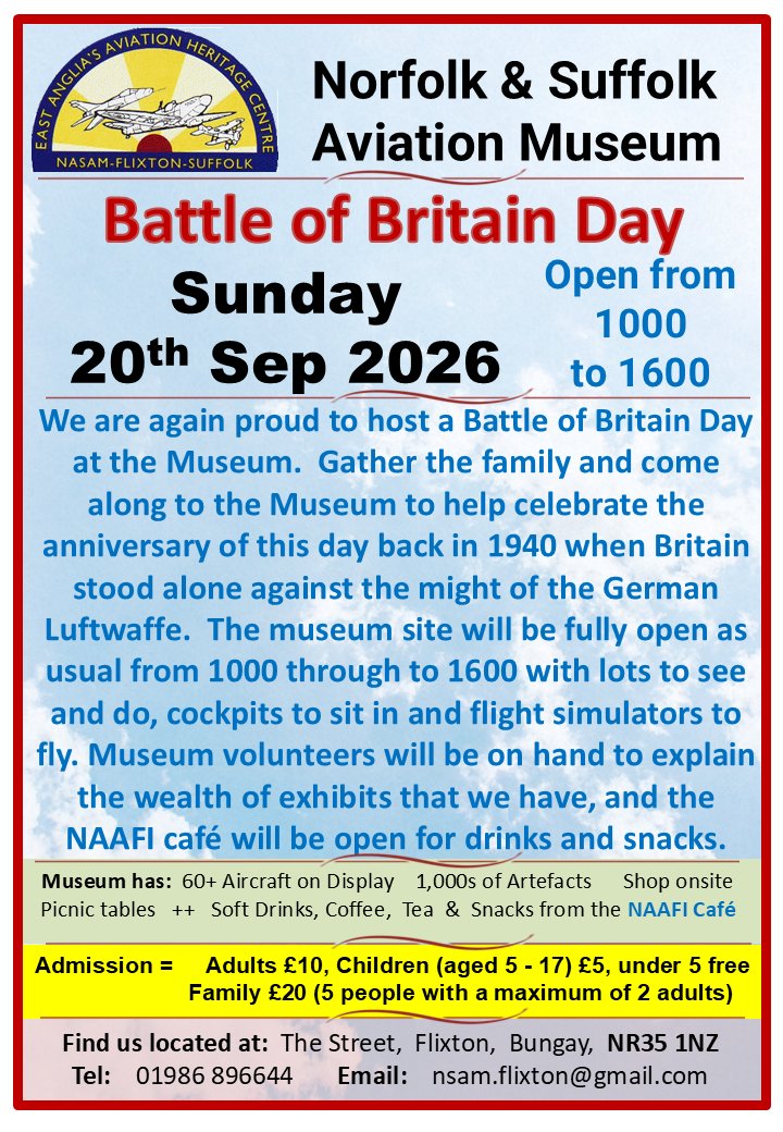 FlixtonMuseum's tweet photo. 𝗡𝗲𝘅𝘁 𝗮𝘁 𝗡𝗔𝗦𝗔𝗠

𝗕𝗮𝘁𝘁𝗹𝗲 𝗼𝗳 𝗕𝗿𝗶𝘁𝗮𝗶𝗻 𝗗𝗮𝘆 𝗮𝘁 𝘁𝗵𝗲 𝗠𝘂𝘀𝗲𝘂𝗺
𝗦𝘂𝗻𝗱𝗮𝘆 𝟮𝟬𝘁𝗵 𝗦𝗲𝗽𝘁𝗲𝗺𝗯𝗲𝗿 𝟮𝟬𝟮𝟲

NASAM is once again proud to hold its annual Battle of Britain Day, a great family day out.

➡️ Go to: https://t.co/OLRE2O8hwY https://t.co/LRa9Huu4gA