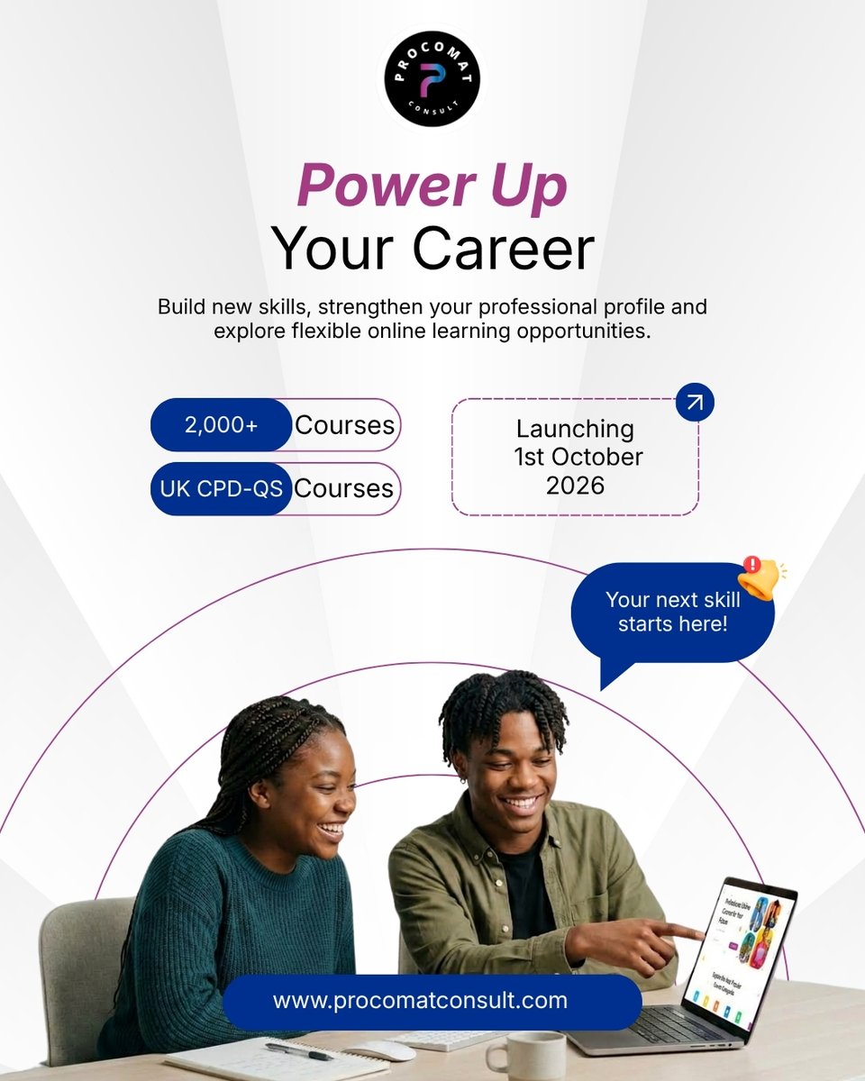 ProcomatConsult's tweet photo. Get ready to power up your career with 2,000+ Online UK CPD-QS Courses for learners and professionals

📅 Official Launch: 1st October 2026
🌐 https://t.co/IyHP6N8Zwi

#ProcomatAcademy #OnlineCourses #CareerGrowth #ProfessionalDevelopment #CPDQS #Upskill #OnlineLearning #Skills https://t.co/5vKzZ34RIM