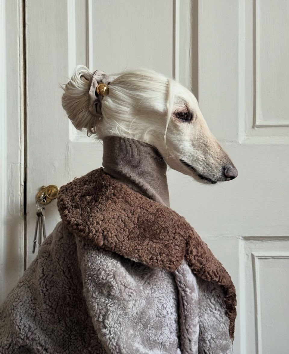 pmamtraveller's tweet photo. Samantha, the Afghan Hound, styled in a cozy brown turtleneck and a shearling coat with her hair gathered up in an elegant-clip bun https://t.co/o9kMbQkdsg