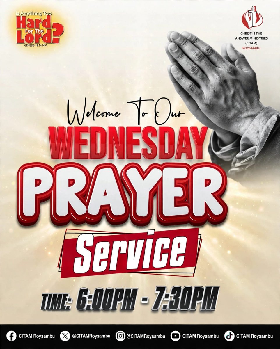 CITAMRoysambu's tweet photo. Midweek check-in 🙏 Wednesday Prayer Service today
6PM - 7:30PM | CITAM Roysambu
Come let’s pray together.
#CITAMRoysambu #PrayerService https://t.co/Rhz5qmDj6s