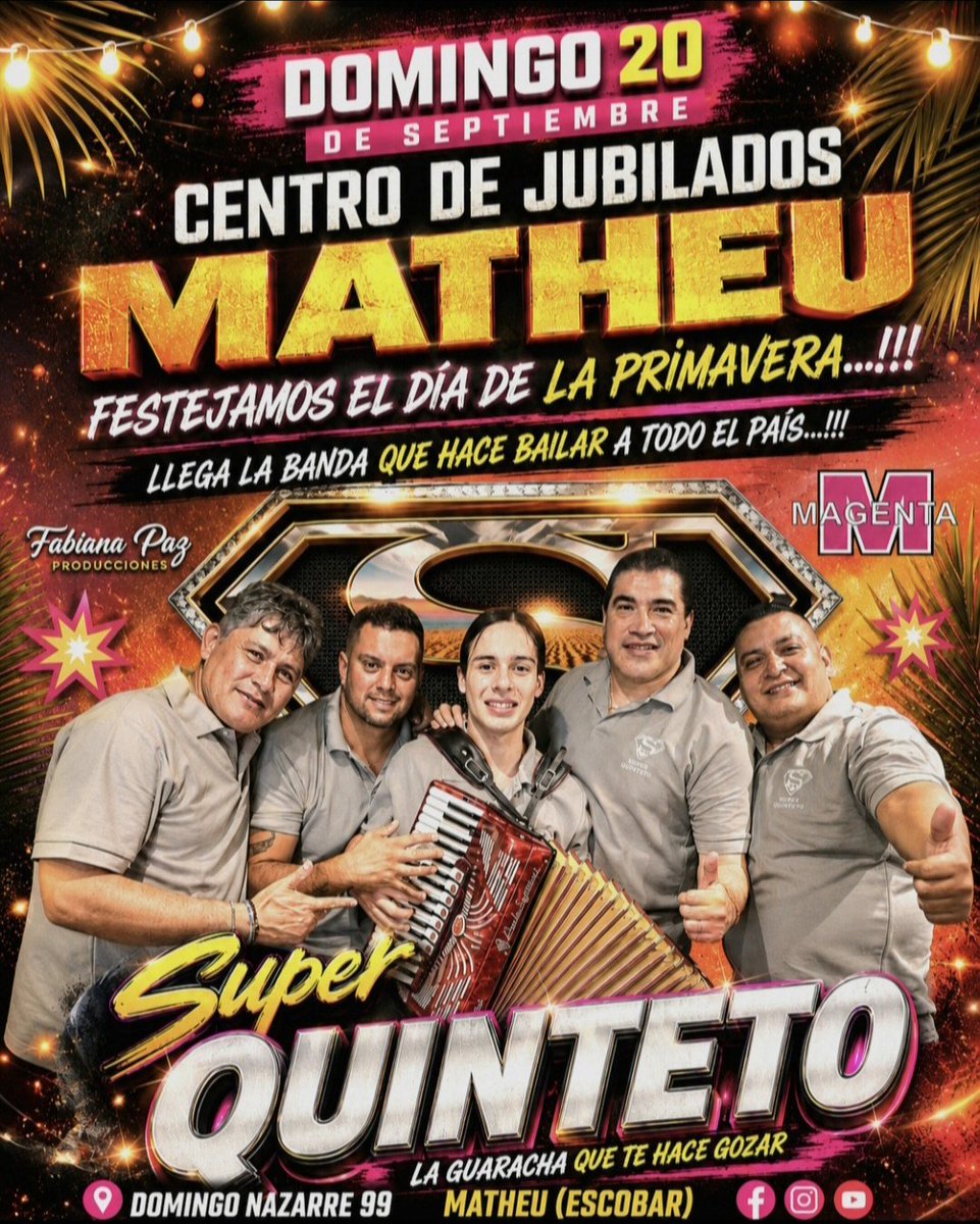 elsuperquinteto's tweet photo. Este Domingo 20 De Septiembre Llega El Super Quinteto a El Centro De Jubilados Matheu Partido De Escobar a Pedido Del Público, Te Esperamos #viral #fyp #tendencia #superquinteto #matheu https://t.co/UeGES8ZyVs