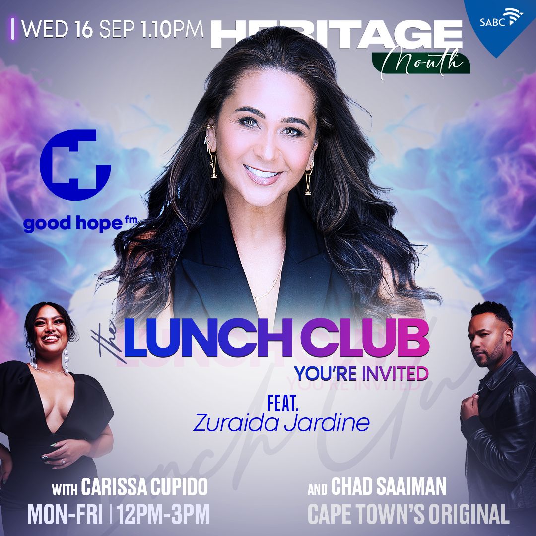 GoodHopeFM's tweet photo. YOU’RE INVITED!

Today on #TheLunchClub, we’re joined by the fabulous @ZuraidaJardine! 🎙️💜  

Tune in as she joins @carissacupido and @ChadSaaiman for a conversation you won’t want to miss! 🔥📻 

Catch it LIVE on Good Hope FM today!  

#CapeTownsOriginal https://t.co/HFUZV4MnNR