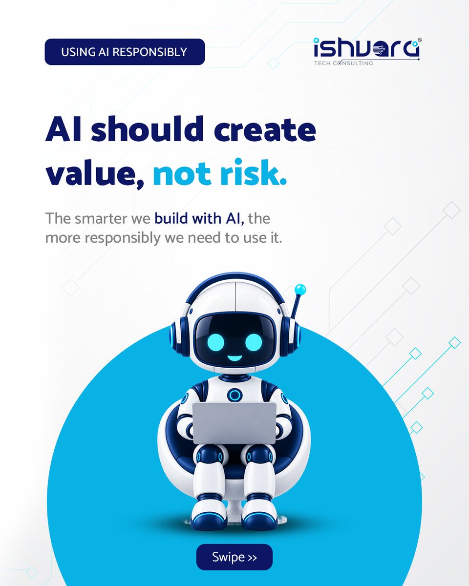 ishvaratech2705's tweet photo. AI should amplify human capability — not replace human judgment.

Build with purpose. Protect data. Respect privacy. Validate outputs. Keep people accountable.

At Ishvara Tech Consulting, we believe the future of AI isn’t just about building smarter systems. It’s about building systems we can trust.

Useful. Secure. Human-centered.

#ResponsibleAI #ArtificialIntelligence #AIInnovation

@Indiaai @nasscom @GoI_MeitY