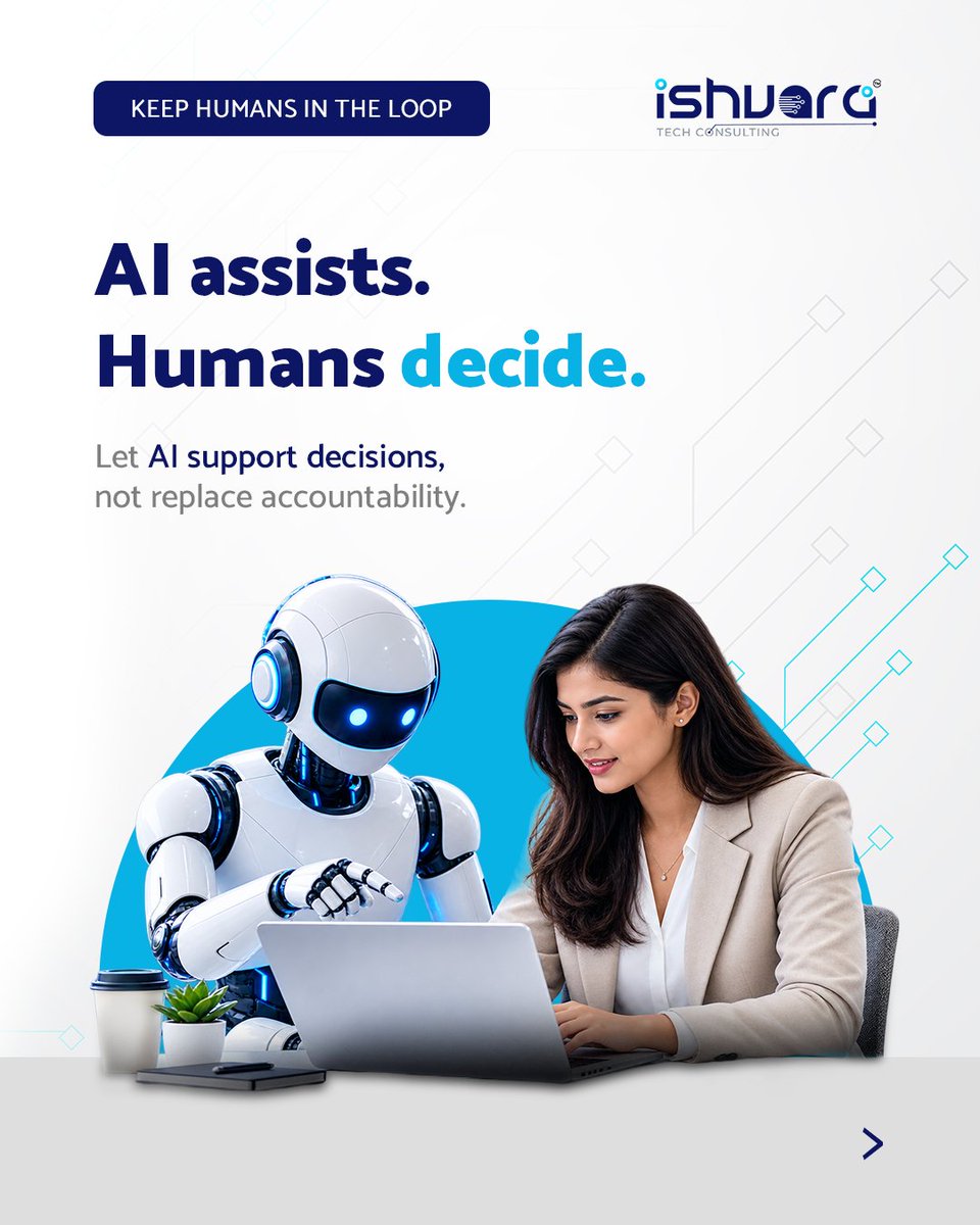 ishvaratech2705's tweet photo. AI should amplify human capability — not replace human judgment.

Build with purpose. Protect data. Respect privacy. Validate outputs. Keep people accountable.

At Ishvara Tech Consulting, we believe the future of AI isn’t just about building smarter systems. It’s about building systems we can trust.

Useful. Secure. Human-centered.

#ResponsibleAI #ArtificialIntelligence #AIInnovation

@Indiaai @nasscom @GoI_MeitY