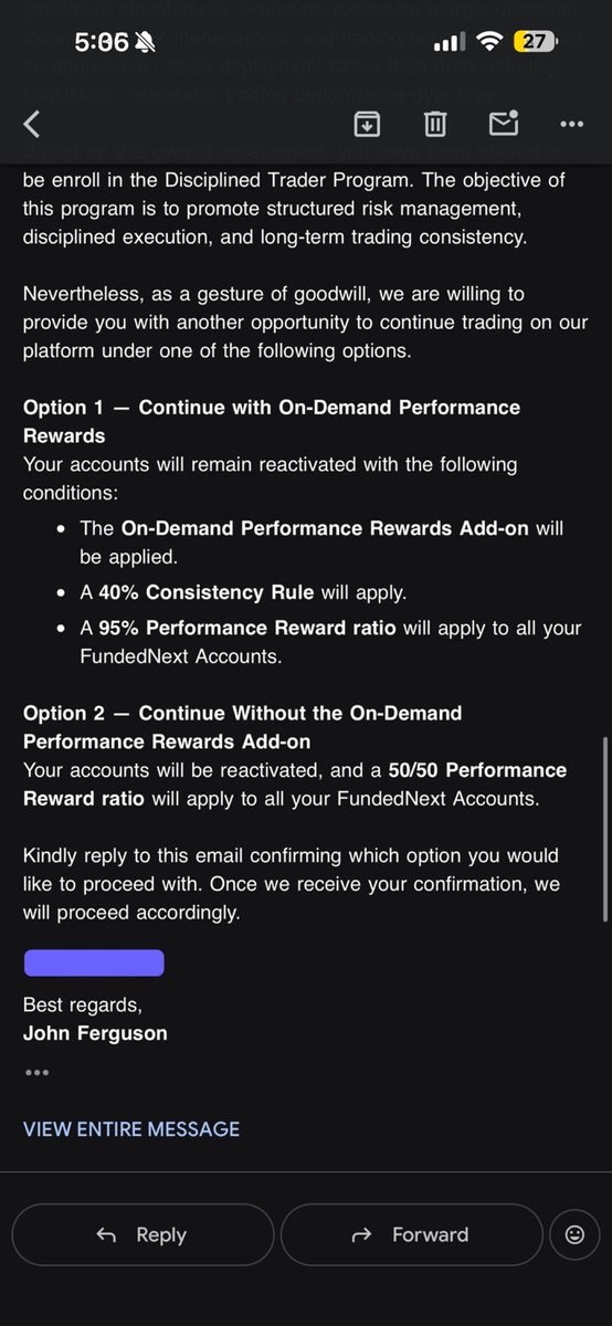 fahad07865's tweet photo. Trading Community, Need your HELP!

🚨 @FundedNext  restricting users! 🚨 

I’ve been funded with them many times and received $16K in payouts from them. I don’t use high lot sizes. 

Yet they emailed me and added me to DTP and the reason I see is because I kept requesting payouts. They don’t have any evidence of what they are claiming. 

I asked them for an INTERVIEW to which they didn’t agree. 

They’ve been asking me that if I don’t want to be in DTP, I can choose 50/50 split which is a joke in itself, or use On demand payouts.

While I don’t have any issues and I’ll stop trading with them, I wanted you guys to be aware of this scam firm.

GALIB has blocked me without solving the issue.

@FundedNext @Flynnn_FN @galibsyed_ has failed to respond me.

I’m not asking for special treatment, review my case and tell me what is wrong
