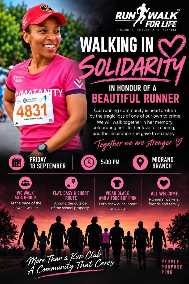 LeSho2025's tweet photo. Fellow residents
,
Run and walk for life is hosting a 5km walk in memory of Elizabeth who have been brutally murdered.

🩷 🖤 Date : 18 September 2026
🩷 🖤 Time: 17:00 (5pm)
🩷 🖤 Venue : Christchurch Preparatory School.

🖤 Remember to wear black with a touch of pink.🩷 https://t.co/xGqMYPmHII