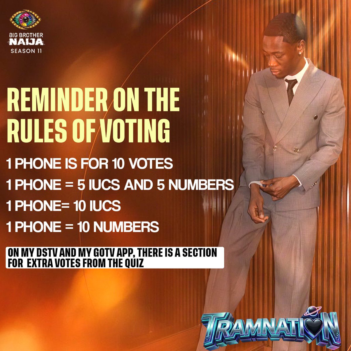 Trammani9's tweet photo. TRAMNATION, THIS IS NOT THE TIME TO RELAX! 

We came this far with Tram, and we are NOT stopping now. We cannot afford to let him down. 

Apply the pressure, intensify those votes and GO ALL OUT! We have a point to prove, and we’ll prove it with our actions.

NO SHARING OF VOTES! Every vote for TRAM. 

LET’S DO THIS FOR TRAM!
#Tram #BBNaija