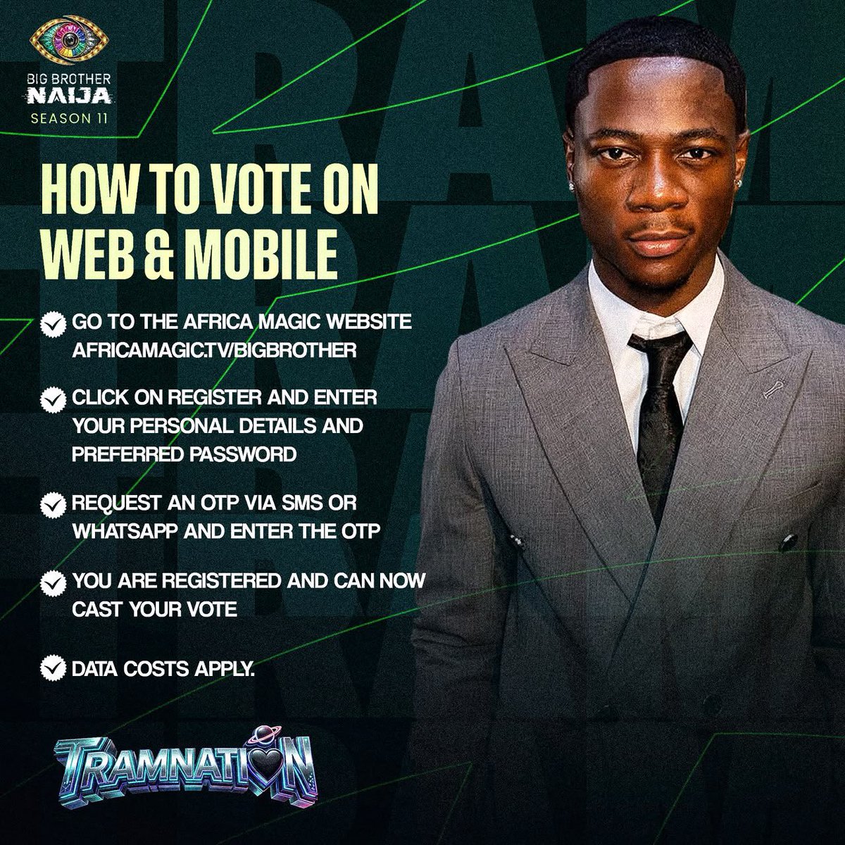 Trammani9's tweet photo. TRAMNATION, THIS IS NOT THE TIME TO RELAX! 

We came this far with Tram, and we are NOT stopping now. We cannot afford to let him down. 

Apply the pressure, intensify those votes and GO ALL OUT! We have a point to prove, and we’ll prove it with our actions.

NO SHARING OF VOTES! Every vote for TRAM. 

LET’S DO THIS FOR TRAM!
#Tram #BBNaija