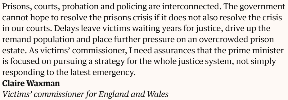 VictimsComm's tweet photo. We cannot hope to resolve the prison capacity crisis without addressing the crisis in our courts.

Court delays leave victims waiting years for justice while adding pressure to an overcrowded prison estate. It's a vicious cycle. 

My letter in Guardian: 🔗https://t.co/ZDMc1A6Ize https://t.co/9VXDoQJrXc