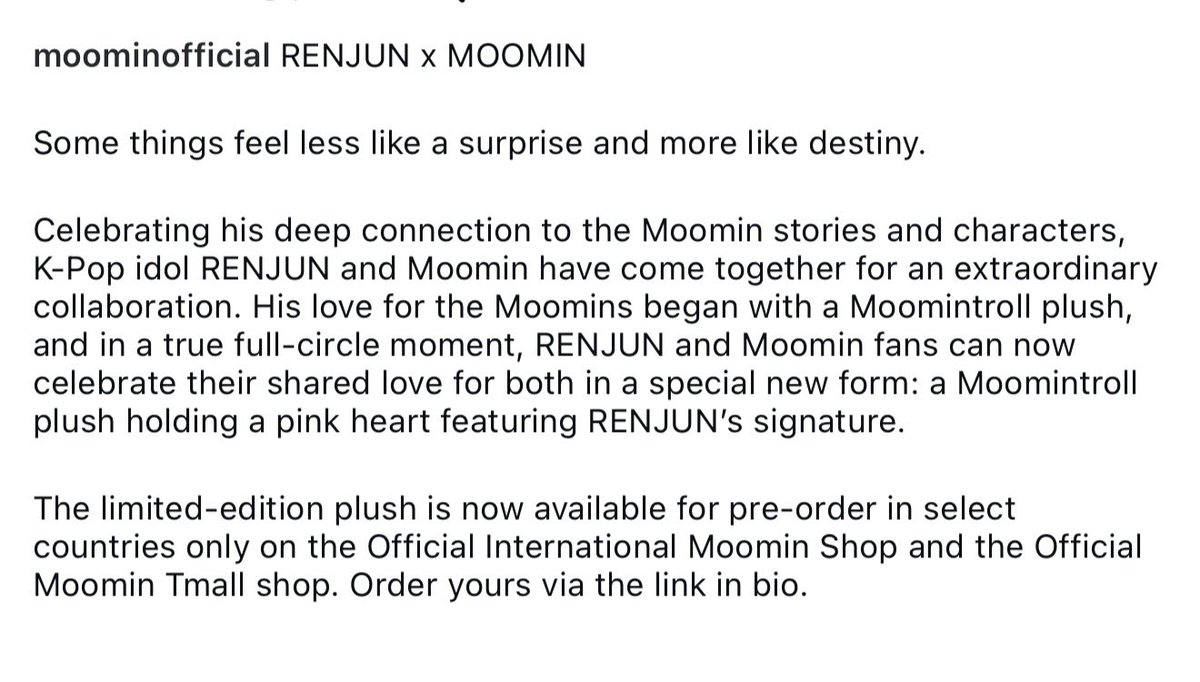 renjeonah's tweet photo. “— His love for the Moomins began with a Moomintroll plush, and in a true full-circle moment, RENJUN and Moomin fans can now celebrate their shared love for both in a special new form: a Moomintroll plush holding a pink heart featuring RENJUN's signature.”

💛🤍 https://t.co/U6qoWcCmiW