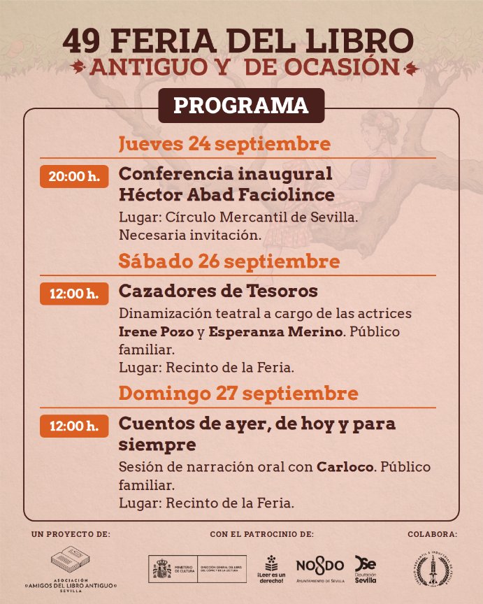 LibroantiguoSev's tweet photo. 📚 Este año la Feria SE SALE (de sus casetas).

✨ Por primera vez, la Feria del Libro Antiguo y de Ocasión de Sevilla trae, además de sus librerías, un programa de actividades para todos los públicos: https://t.co/ssSPpcGQWk