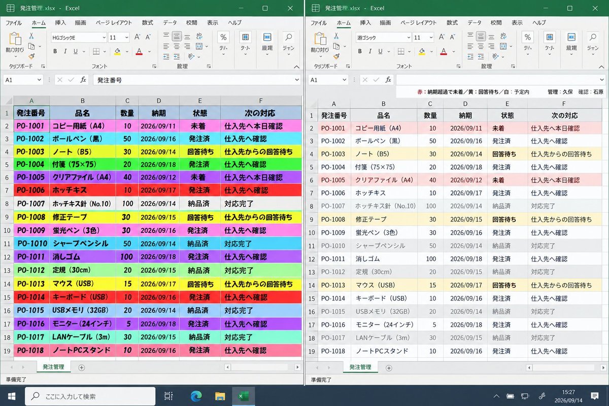 Pakufedex's tweet photo. Excel、全部色塗ると何も目立たない。

←行ごとに虹色のポンコツ
　　状態だけ色を付けるシゴデキ→ https://t.co/02tZrUS4l1