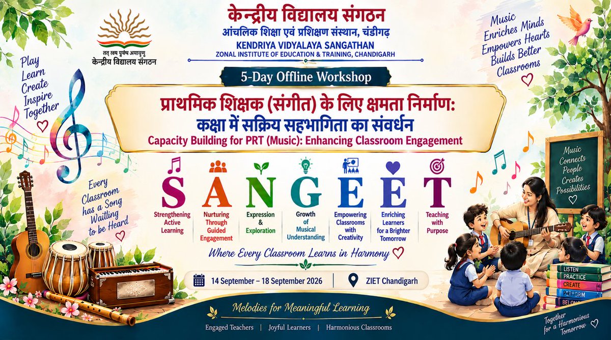 KVSZIETCHANDIG1's tweet photo. Where Every Classroom Learns in Harmony!
The 5-Day Offline Workshop “Capacity Building for PRT (Music): Enhancing Classroom Engagement” is underway at KVS ZIET Chandigarh (14–18 Sept 2026).
#Kendriya Vidyalaya Sangathan
@KVS_HQ #KVS @ZietKvs
@KVSZIETCHANDIG1 https://t.co/kXMhS9PSpF