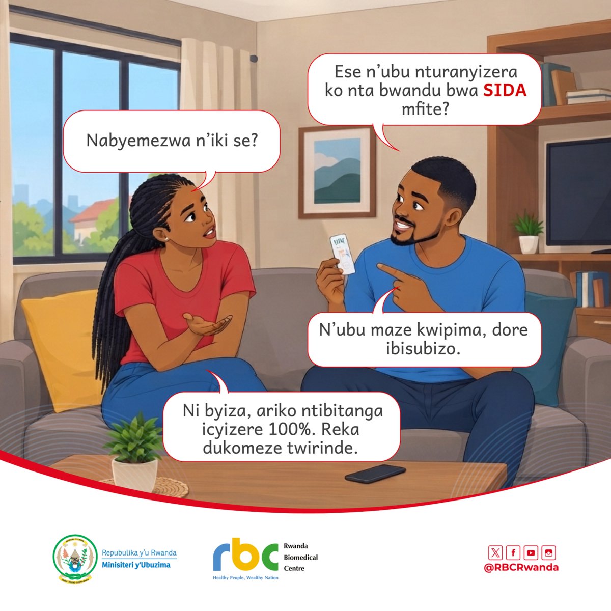RBCRwanda's tweet photo. Sobanukirwa: 

Iyo umuntu yipimye cyangwa yipimishije Virusi itera SIDA agasanga ari “negatifu”, biba bishoboka ko:    
1. Nta bwandu bwa Virusi itera SIDA afite 
2. Amaze igihe afata imiti igabanya ubukana bwa SIDA neza, ku buryo Virusi itakigaragara mu maraso (Viral Suppression) 
3. Ashobora kuba yarahuye n’ubwandu mu minsi ya vuba ariko bukaba butaragaragara mu maraso. 

Itondere igisubizo umuntu akweretse cy’ako kanya, kuko utamenya neza ko ntaho yahuriye n’ubwandu mu minsi ya vuba . 

SIDA iracyahari, tuyirinde.
#StopSIDA