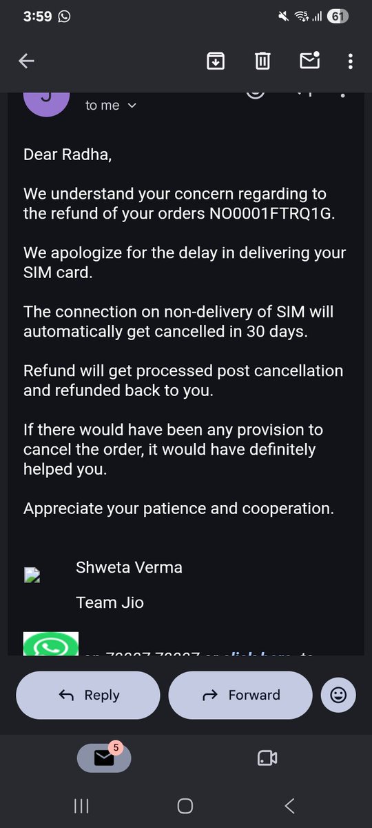 Radha96382901's tweet photo. @JioCare @reliancejio Paid ₹299 for SIM (Order ID: NO0001FTRQ1G) on 13th Sept. No delivery made! Now your support team has mailed that I have to wait 30 days for an auto-cancellation to get my own money back?! This is daylight robbery and terrible service. Refund my money NOW! https://t.co/jevLdRogDZ