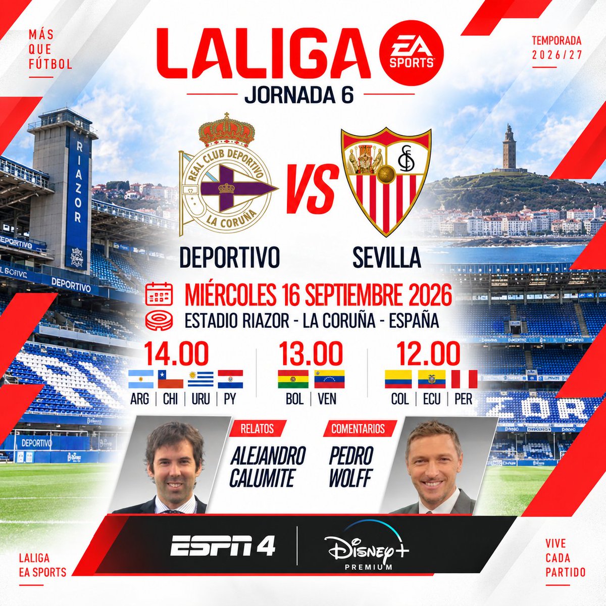 Laguadeportiva1's tweet photo. #LaLiga 🇪🇸 | #Deportivo - #Sevilla
🎙️ Relatos: @alecalumite
🗣️ Comentarios: @WolffPedro
🖥️ #ESPN4 Sudamérica
📱💻 @disneyplusla
#LALIGAxESPN - #disneyplus - #DepórSevilla
🔃❤️ https://t.co/YFCpVFtOMa