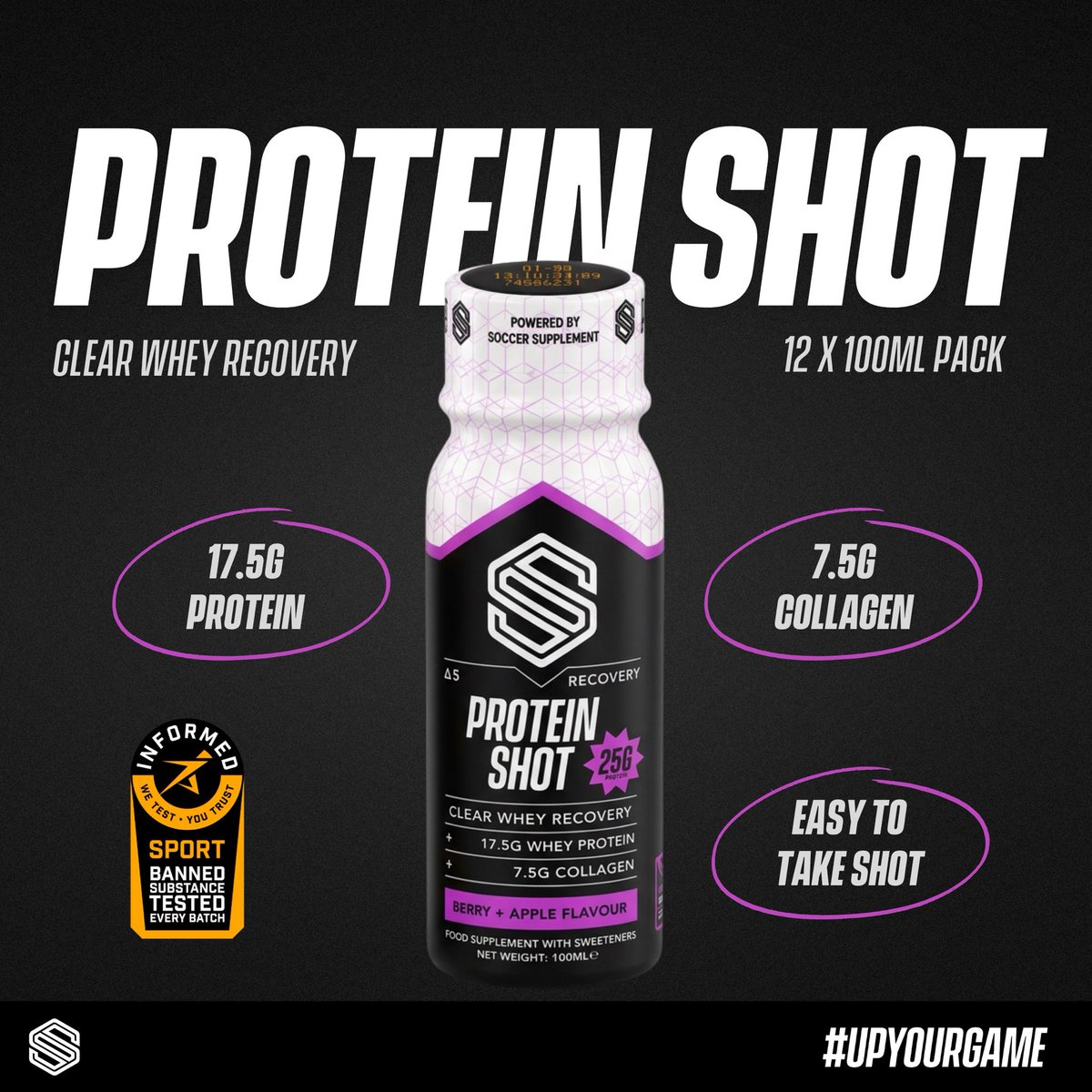 SocSupplement's tweet photo. 🚨 NEW PRODUCT 🚨

25g of protein in 100ml shot.

🍑 Peach | 🫐🍏 Berry + Apple

Clear whey + collagen for a serious protein hit without the chalky texture.

20% off Protein Shots today 🧾

@wetestyoutrust tested.

https://t.co/bb4n4ICmXK 

#UpYourGame https://t.co/TZpC04LhXe