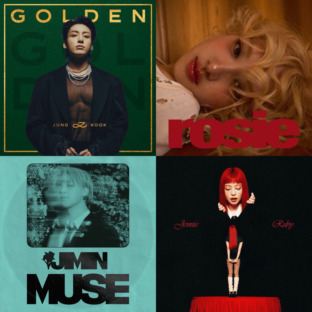 anonymsom's tweet photo. Fastest albums by K-pop soloists to sell over 500,000 total units in the Us. (eligible for RIAA Gold certification)

1#. "Golden" by Jungkook — 1 month
2#. "rosie" by ROSÉ — 3 months 
3#. "Muse" by Jimin — 7 months 
4#. "Ruby" by JENNIE — 1 year, 6 months https://t.co/aXyT9wOSub