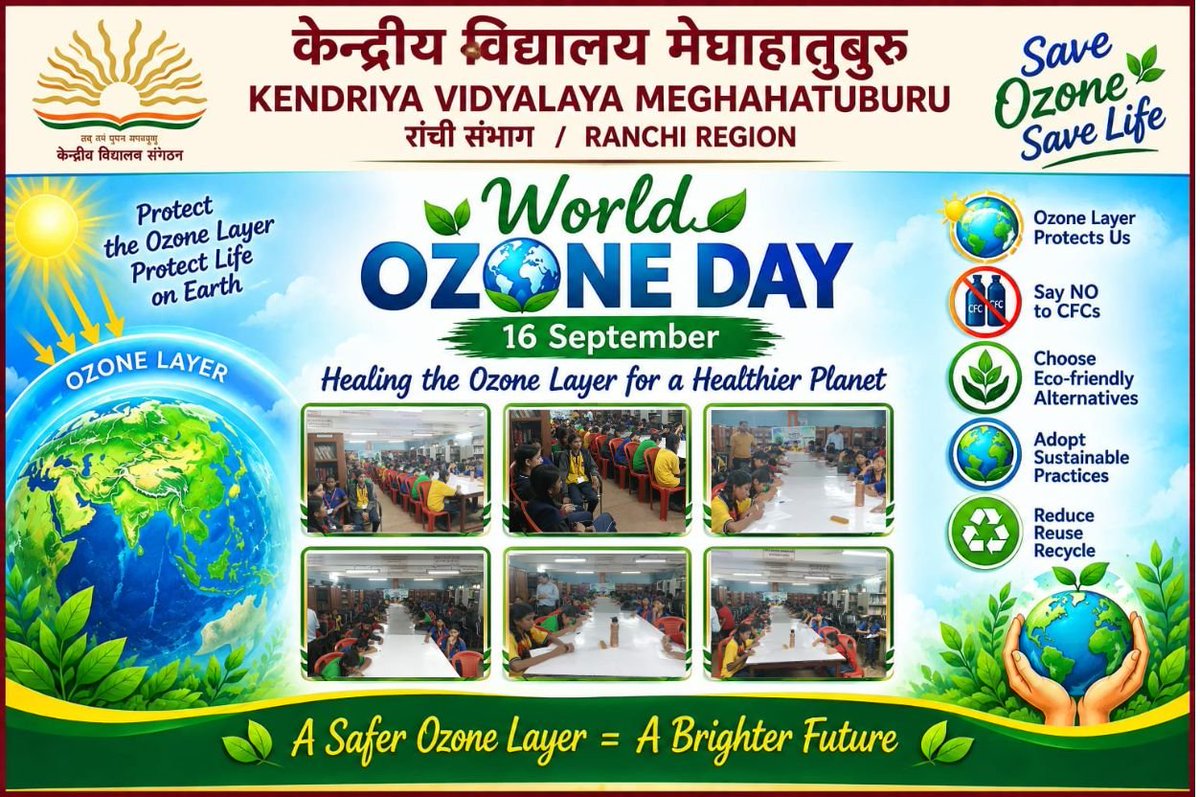 kvmeghahatuburu's tweet photo. Protecting our ozone layer means securing a healthier, brighter future for Earth! 🌍💙 Let's take action by adopting sustainable choices, reducing CFCs, and practicing the 3Rs every single day. 🌿✨
#WorldOzoneDay #SaveOzoneSaveLife #KendriyaVidyalaya #OzoneLayerProtection https://t.co/ckn7VPmrxN