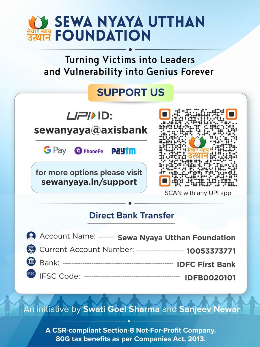 swati_gs's tweet photo. An appeal: support @sewanyaya - for real ground impact 

✅ How to Support 

Option 1: 
🔁 Monthly Contributions 
https://t.co/NnscFkeYD9 

Option 2: 
💳 Online (Cards / UPI / Wallets / Netbanking) 
https://t.co/I97AZOpLYU 

Option 3: 
🏦 Bank Transfer (India) 
Sewa Nyaya Utthan Foundation 
Current A/c: 10053373771 
IDFC First Bank 
IFSC: IDFB0020101 

Option 4: 
📲 UPI (India) 
sewanyaya@axisbank 

--- Legal and Compliance 
1. All donations are Income Tax exempt under Section 80G. 
2. We are eligible to receive CSR funds.