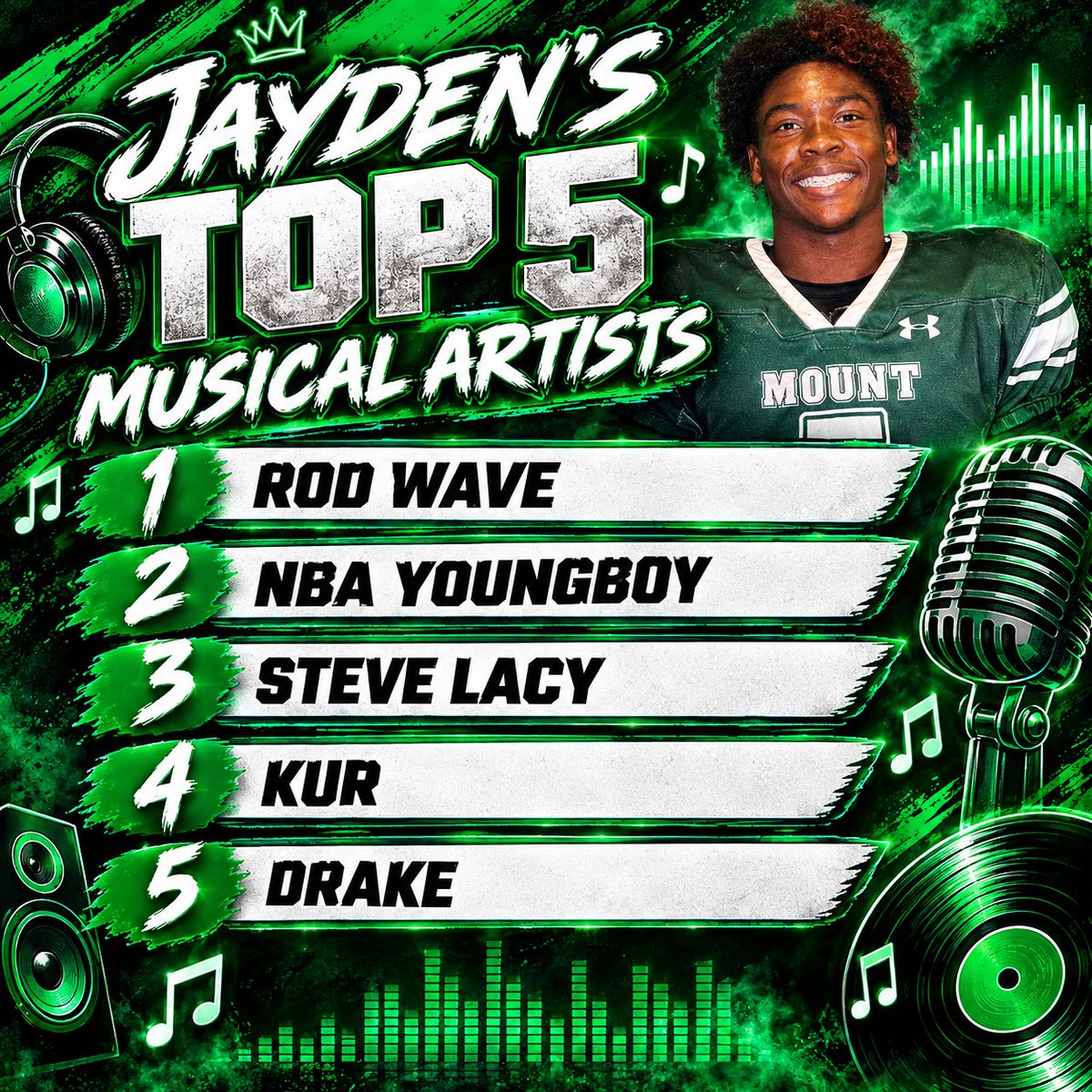 GreenKnightsFB's tweet photo. Check out Jayden’s Top 5 Musical Artists #topfive #music #musicalartists #GreenKnightsALLin https://t.co/6ys3QqzN6t