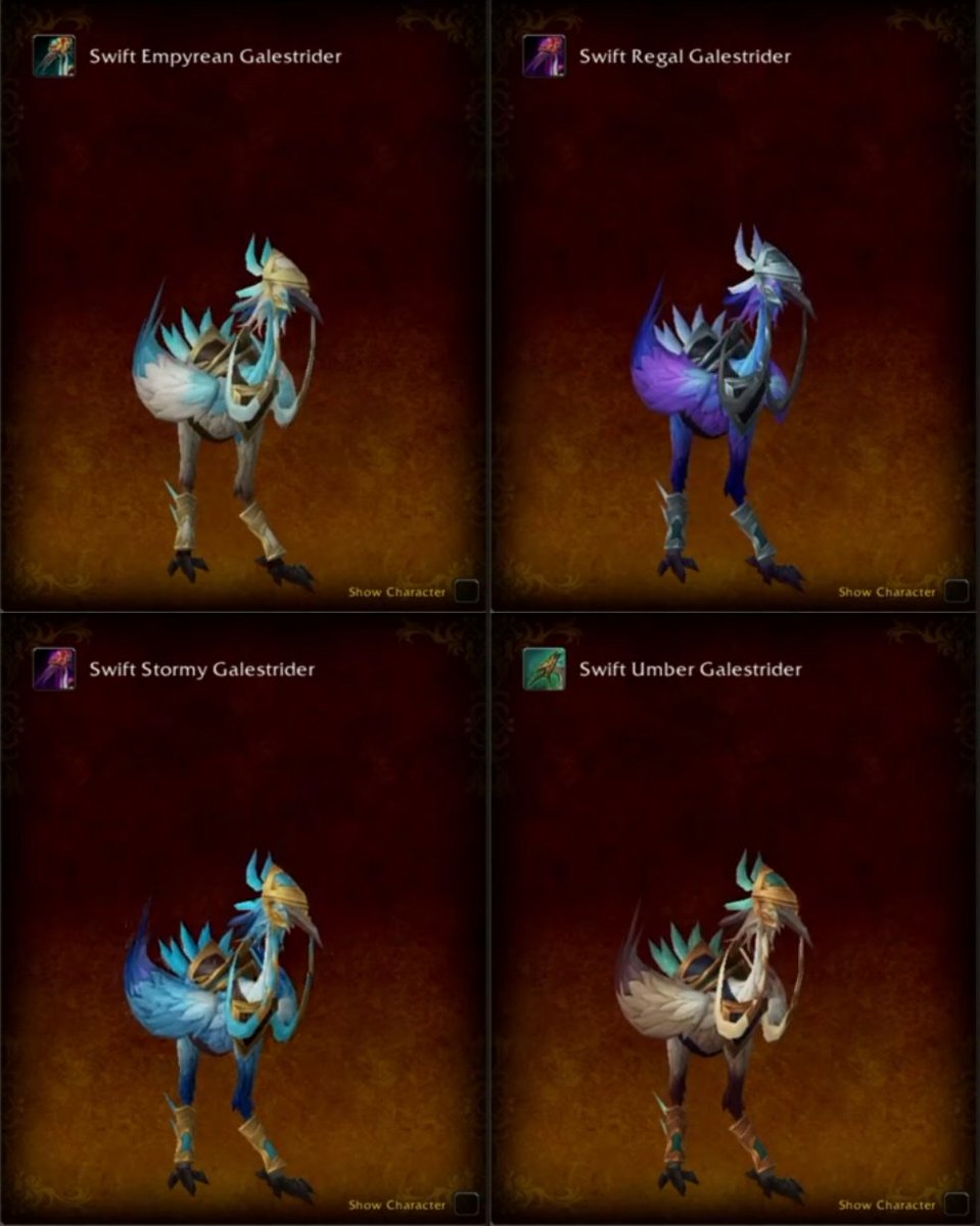 MrGMYT's tweet photo. Here are the 11 new Mounts that were visible in the Mount Journal in World of Warcraft Forever.

There may be more in the data, but these are the ones that were visible. It’s also worth noting that none of the mounts in Forever currently have source locations listed in the Journal, similar to Classic Progression realms.

• Empyrean Galestrider
• Pack Kodo
• Regal Galestrider
• Riding Turtle (orginally added in TBC)
• Spectral Bear
• Stormy Galestrider
• Swift Empyrean Galestrider
• Swift Regal Galestrider
• Swift Stormy Galestrider
• Swift Umber Galestrider
• Umber Galestrider