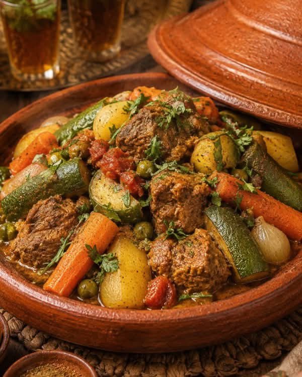 SandZaraA's tweet photo. ✨🌿Tajine de Légumes et Viande à la Marocaine🌿✨
Ingrédients
800 g de viande de bœuf ou de veau, coupée en morceaux
3 pommes de terre
3 carottes
2 courgettes
2 navets
150 g de petits pois
2 tomates
1 gros oignon
3 gousses d'ail
3 cuillères à soupe d'huile d'olive
1 cuillère à café de gingembre moulu
1 cuillère à café de curcuma
1 cuillère à café de paprika doux
½ cuillère à café de cumin
½ cuillère à café de poivre
1 cuillère à café de sel, à ajuster
1 petit bouquet de coriandre et de persil
300 à 400 ml d'eau chaude
Préparation
Épluchez les pommes de terre, les carottes et les navets. Coupez les pommes de terre en quartiers, les carottes et les navets en longs morceaux. Lavez les courgettes et coupez-les également dans la longueur.
Pelez et émincez l'oignon. Hachez finement l'ail, la coriandre et le persil. Râpez une tomate et coupez la seconde en rondelles.
Dans un plat à tajine ou une cocotte, faites chauffer l'huile d'olive à feu moyen. Ajoutez l'oignon, l'ail et les morceaux de viande.
Ajoutez le gingembre, le curcuma, le paprika, le cumin, le poivre et le sel. Mélangez soigneusement afin de bien enrober la viande d'épices.
Faites revenir le tout pendant 8 à 10 minutes, en retournant la viande pour la colorer légèrement de chaque côté.
Ajoutez la tomate râpée, la moitié des herbes hachées et environ 300 ml d'eau chaude. Couvrez et laissez mijoter à feu doux pendant 45 minutes.
Ajoutez un peu d'eau chaude si nécessaire.
Lorsque la viande commence à devenir tendre, disposez harmonieusement les carottes et les navets autour de la viande.
Placez ensuite les pommes de terre, les courgettes et les petits pois par-dessus.
Déposez les rondelles de tomate au centre, ajoutez le reste des herbes et arrosez légèrement les légumes avec la sauce du tajine.
Couvrez et poursuivez la cuisson à feu très doux pendant 35 à 45 minutes, jusqu'a ce que la viande soit tendre et les légumes bien cuits sans être écrasés.
Vérifiez la cuisson avec la pointe d'un couteau. Laissez réduire quelques minutes sans couvercle si la sauce est encore trop liquide.
Servez ce tajine bien chaud, directement dans son plat, accompagné de pain marocain pour savourer sa sauce parfumée.
Temps de préparation : 25 minutes
Temps de cuisson : 1 heure 30 minutes
Portions : 6 personnes
Ce tajine est un plat convivial qui ravivera vos convives par ses saveurs et sa générosité.
Profitez de ce moment de partage autour de ce délice marocain !