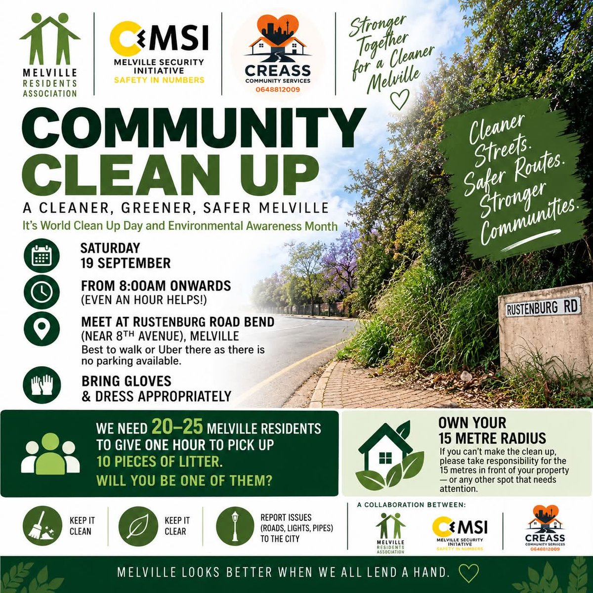 ilovemelville's tweet photo. Melville is joining communities around the world in taking action for #WorldCleanUpDay, and we’d love you to be part of it. The MRA  approached @CleanerJoburg,  @MyJRA @JoburgParksZoo  for assistance, none has been able to confirm support (yet). So, we doing it for/by ourselves! https://t.co/iDFEe478dE