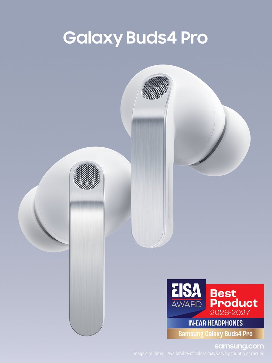samsungmobileng's tweet photo. When great sound speaks for itself, others concur. ๐
#GalaxyBuds4Pro has been crowned Best In-Ear Headphones for 2026-2027 by the Expert Imaging and Sound Association (EISA).
#HiFiSound
#GalaxyAI
#SamsungNigeria https://t.co/zEf1yHnYSC