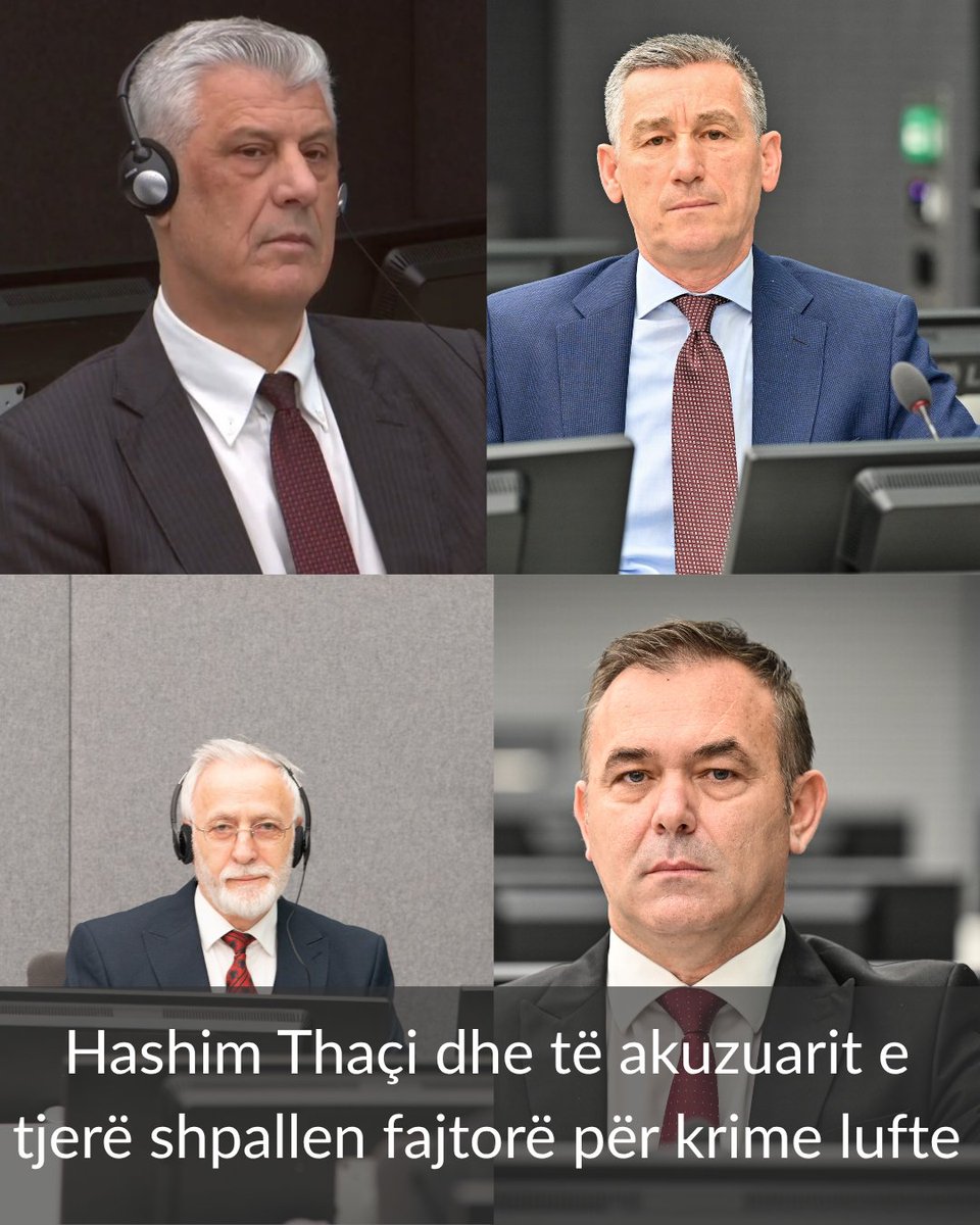 Dhomat_e_Spec's tweet photo. Sot, më 16 shtator, Trupi Gjykues shqiptoi Aktgjykimin në çështjen gjyqësore të Hashim Thaçit, Kadri Veselit, Rexhep Selimit dhe Jakup Krasniqit dhe i shpalli të katër të akuzuarit fajtorë për krimet e luftës të ndalimit arbitrar, trajtimit mizor, torturës dhe vrasjes së paligjshme.

Trupi Gjykues i shpalli të akuzuarit të pafajshëm në lidhje me gjashtë akuza për krime kundër njerëzimit.

Gjykatësit konstatuan se gjatë konfliktit në Kosovë, z. Thaçi, z. Veseli, z. Selimi dhe z. Krasniqi dhanë kontribut të qenësishëm në zbatimin e qëllimit kriminal të përbashkët të shënjestrimit të atyre që konsideroheshin si kundërshtarë të qëllimeve politike dhe ushtarake të Ushtrisë Çlirimtare të Kosovës, përfshirë shqiptarë të Kosovës që kishin lidhje me forca politike ose ushtarake të tjera, si LDK-ja dhe FARK-u; persona që pretendohej se kishin lidhje me autoritetet e RFJ-së/Serbisë, dhe anëtarë të caktuar të pakicave të tjera etnike, ndër të cilët një numër romësh dhe serbësh.

Shënjestrimi i këtyre kundërshtarëve mori formën e vrasjeve; arrestimeve dhe ndalimeve pa proces ligjor të rregullt; keqtrajtimit fizik dhe psikologjik; si dhe forma të tjera të keqtrajtimit, frikësimit dhe ngacmimit.
