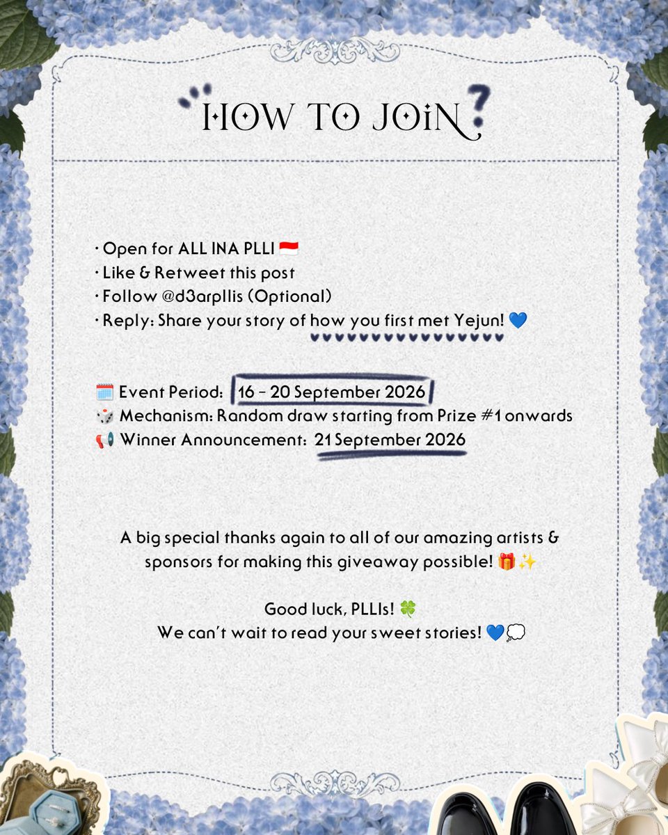 d3arpllis's tweet photo. 💍⋆｡˚ 𝐍𝐀𝐌 𝐕𝐎𝐘𝐀𝐆𝐄 : Giveaway 🎁˚₊·

Online giveaway for ALL INA PLLI! 🇮🇩🤍 
Check poster for details!

📌 To Join: Like, RT, and reply with your story of how you first met #YEJUN! 💭💙

🗓️ 16–20 Sept  |  📢 Winner: 21 Sept

Good luck, PLLIs! 🍀

#NAM_VOYAGE #PLAVE https://t.co/DdaskyCVw1