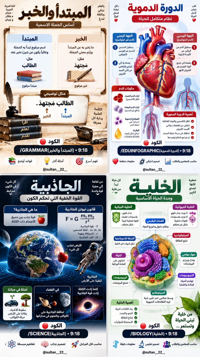 SULTAN__22__'s tweet photo. 🔥 سلسلة الأكواد العلمية للمعلمين والطلبة

🔴 كود 1 
الدورة الدموية إنفوجرافيك تعليمي متكامل يحوّل الدرس إلى شرح بصري واضح وممتع 🫀

/EDUINFOGRAPHIC(الدورة الدموية) • 9:18

🔴 كود 2
المبتدأ والخبر شرح بصري للقاعدة مع الأمثلة وتوضيح عناصر الجملة 📚

/GRAMMAR(المبتدأ والخبر) • 9:18

🔴 كود 3
الجاذبية حوّل المفهوم العلمي إلى تصميم بصري مبسط وسهل الفهم 🌍

/SCIENCE(الجاذبية) • 9:18

🔴 كود 4
الخلية شرح بصري لتركيب الخلية وأجزائها ووظائفها 🧬

/BIOLOGY(الخلية) • 9:18

غيّر ما بين القوسين فقط واستمتع بالتصميم 🤩👇🏼

🎓 سلسلة الأكواد العلمية للمعلمين والطلبة
والقادم أجمل بإذن الله… 🔥