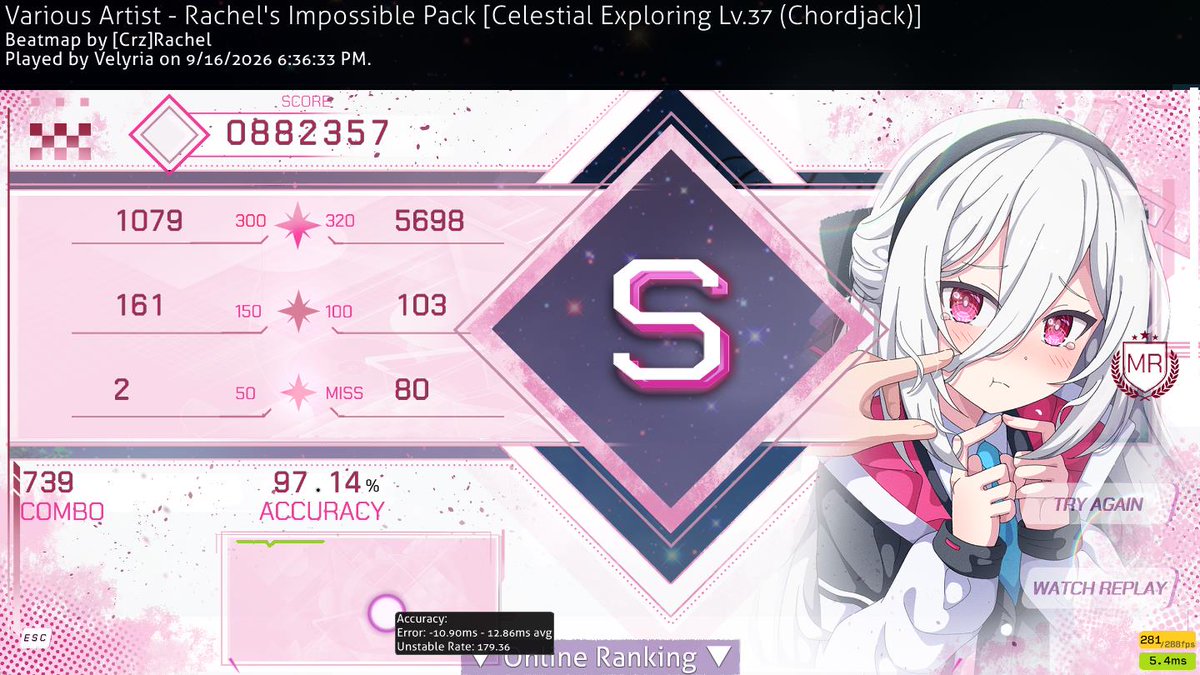 Velyriaa's tweet photo. hi I guess it's been a year since I last had an actual session 😭

haku reclear
gengaozo 98.80%
celestial exploring 97
lalala refrain 94.56%

ig its only a matter of time https://t.co/CFeo3Wwnm5