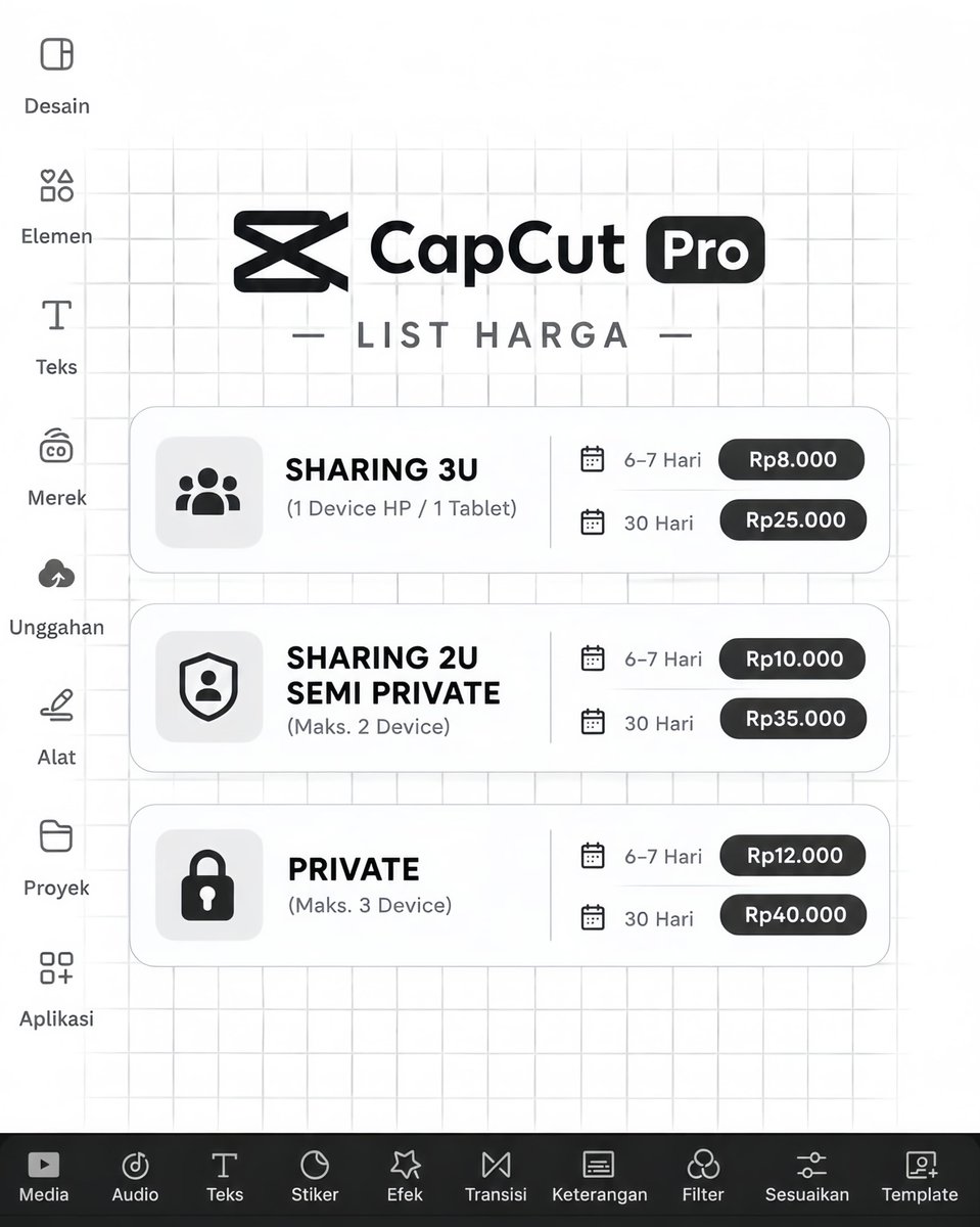 Vianapersona's tweet photo. CAPCUT PRO TRUSTED 🤍

CAPCUT PREM SUDAH PRO INCLUDE STANDAR FULL GARANSI 

7 HARI 8.000
1 BULAN 25.000

🤍 https://t.co/ovVDhQi74u https://t.co/brNGuaquwh