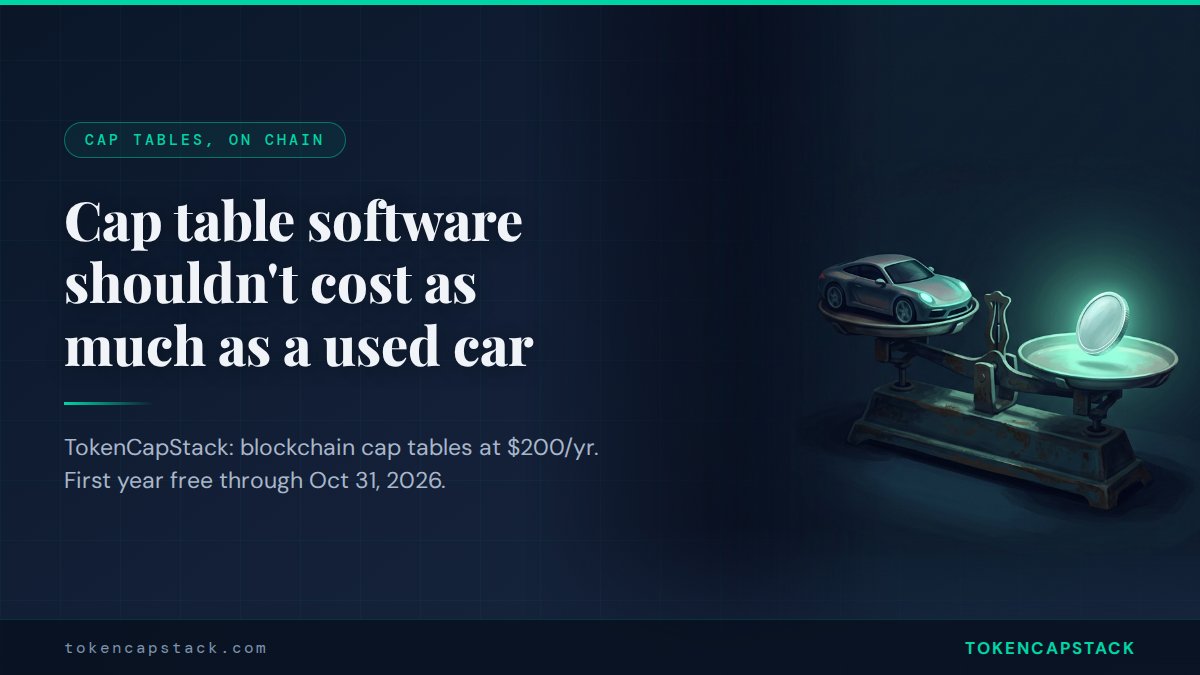 TokenCapStack's tweet photo. Cap table software costs more than most SaaS tools combined. TokenCapStack runs on Base: $200/yr, tokenized equity via ERC-3643, gasless deployment, built-in KYC, self-custody for founders and investors. First year free through Oct 31, 2026. https://t.co/ETPSVGzjVz