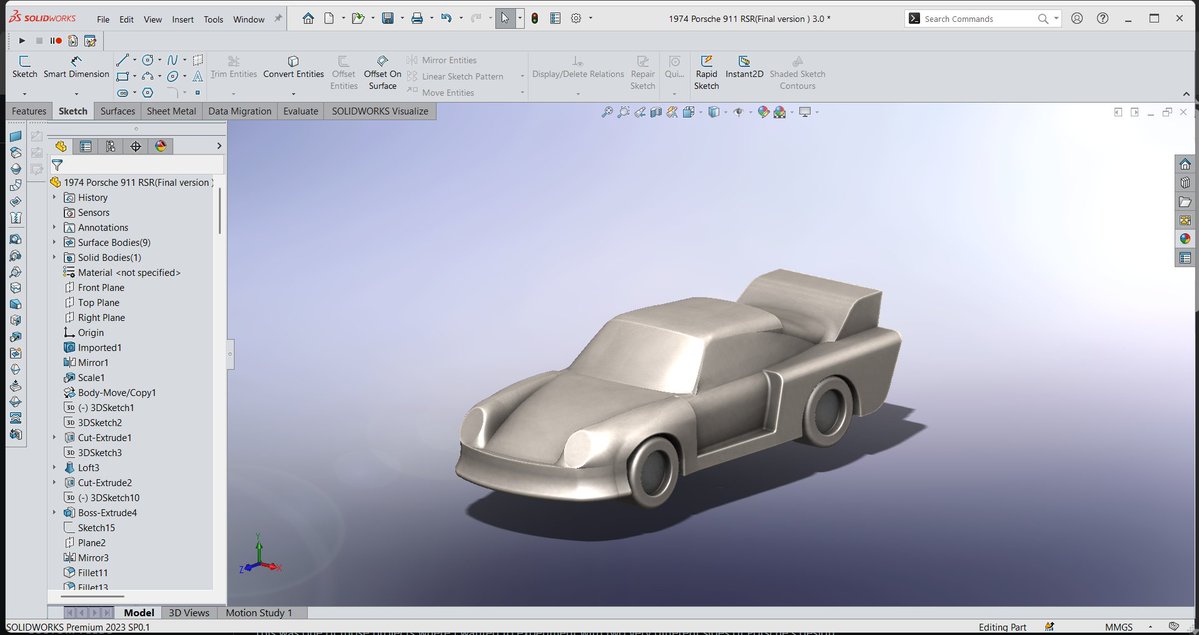 Mechoryx's tweet photo. What happens when you mix the Porsche 911 Turbo with the 935?

This was one of those projects where I wanted to experiment with two very different sides of Porsche’s design language.

I took inspiration from the 911 Turbo for its proportions and road-car character, then brought in the wider, more aggressive motorsport feel of the 935.

The result is a CNC car concept that sits somewhere between a road car and a race car.

A few things I focused on during the design:
• Combining the shapes without simply copying either car
• Creating a wider and more aggressive stance
• Keeping the surfaces clean and purposeful
• Developing the model with CNC manufacturing in mind
It was a really fun exercise in seeing how two iconic designs can influence a completely different interpretation.
What do you think — 911 Turbo or 935 influence?
@SOLIDWORKS 
#Porsche #Porsche911 #Porsche935 #911Turbo #AutomotiveDesign #CarDesign #CNC #CAD #3DModeling #MechanicalDesign #ProductDesign
