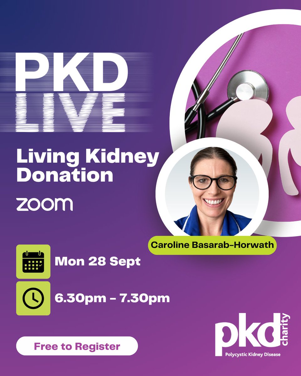 PKDCharity's tweet photo. Interested in living kidney donation? 

Join our Zoom Q&amp;A with living donor coordinator Caroline Basarab-Horwath to learn about the process and what to expect.

🗓️ Mon 28 Sept | 6:30–7:30pm  
Register free 👉 https://t.co/216zqCPMGy

#PKD #KidneyDonation https://t.co/E9uvUbgfav