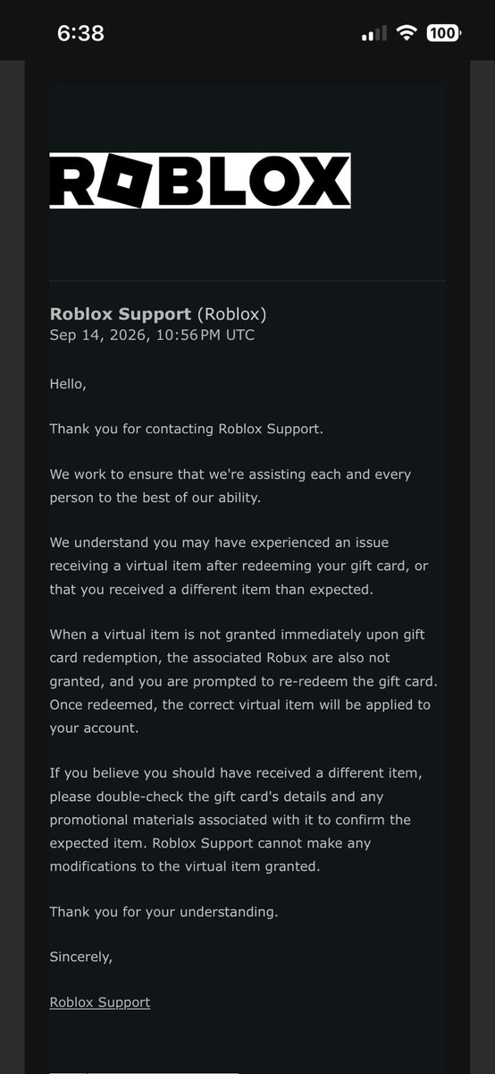 XxCaseyx7's tweet photo. @DavidBaszucki Why is Roblox ai support such a joke? It’s hyper sensitive to tickets on virtual items . It ask u for receipt gc number. send all the info then this is response u get. I never got the fire helm. Only reason I bought the gc. For a billion dollar company very frustrating. https://t.co/nYfIrNfSuU