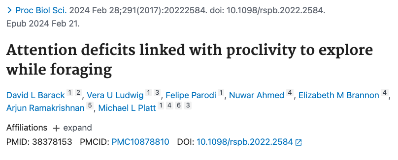BrandonLuuMD's tweet photo. There's an interesting theory that ADHD developed as an evolutionary advantage.

In a foraging experiment, people who screened positive for ADHD collected ~16% more resources and were quicker to abandon depleting areas. https://t.co/O4w3UVyJzR