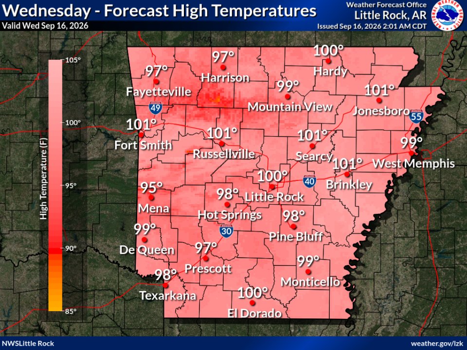 Highs today should range from the mid 90s to just over 100 degrees.