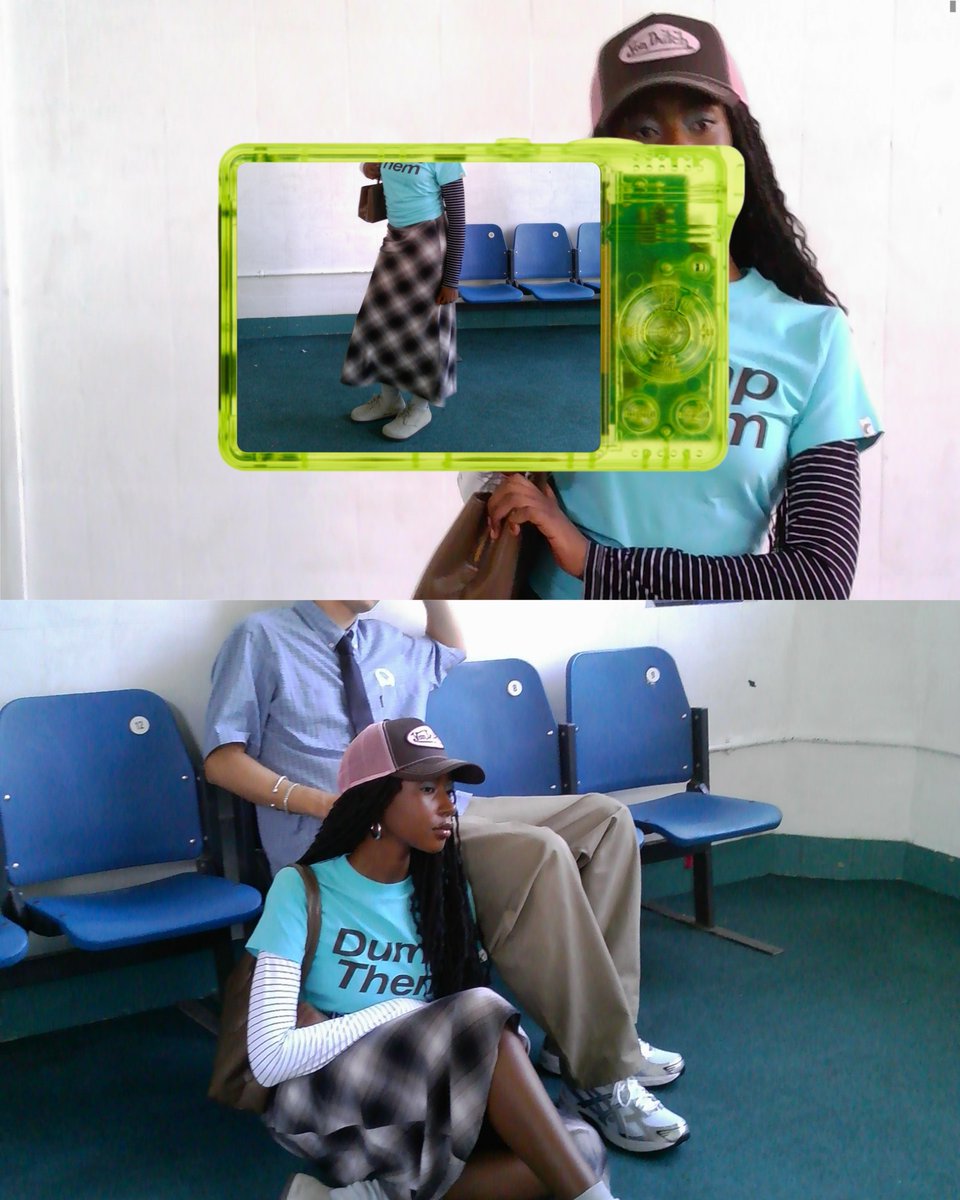 A collage of two images on top of on another. Top image shows a person wearing a checked skirt and blue t shirt with a green digital camera overlaying the image. Bottom image shows two people wearing 2000s themed outfits whilst one person sits on a blue chair next to the other who sits on a green carpet.