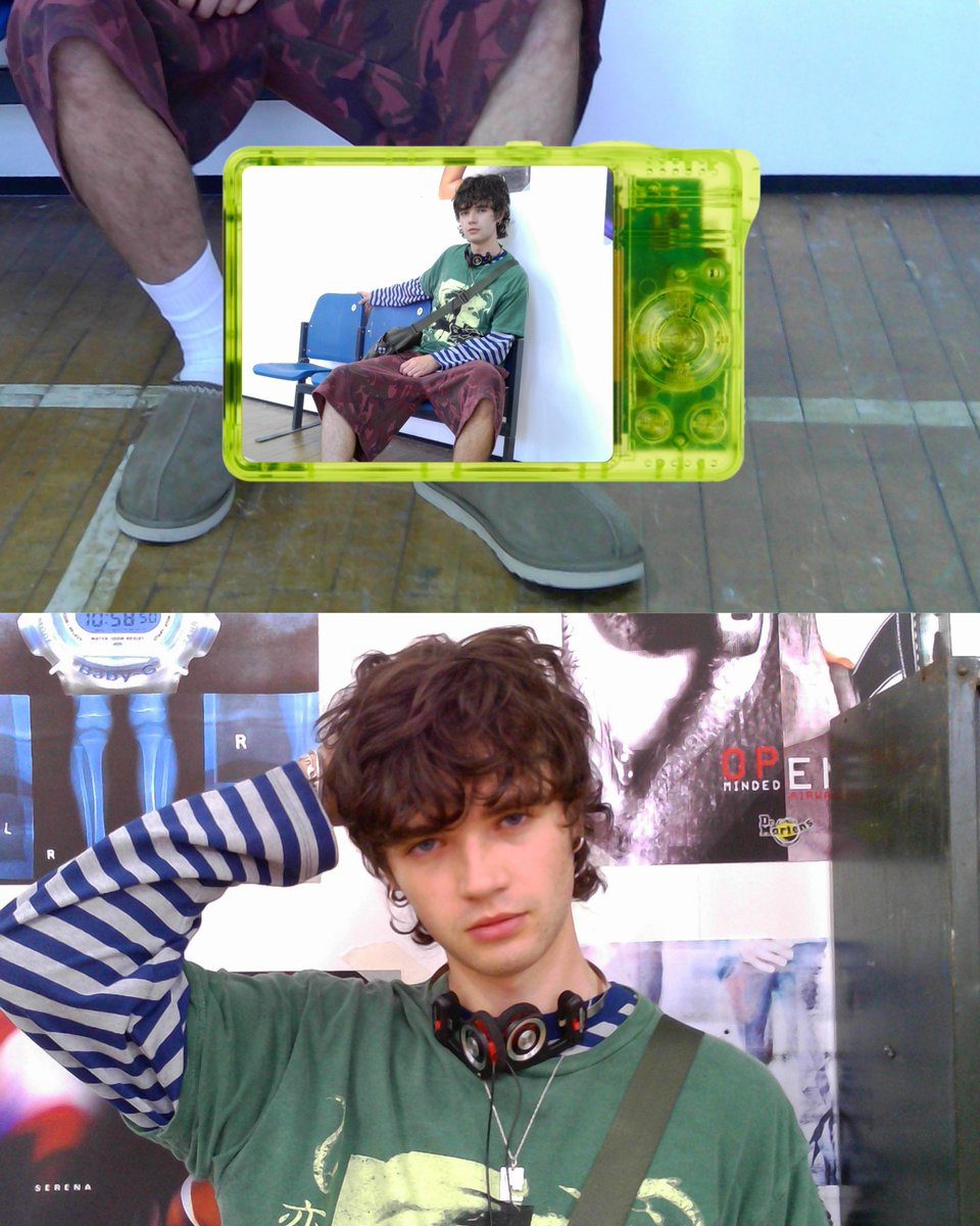 A collage of two images on top of one another. Top image shows a person wearing red shorts and green t shirt whilst sitting on a blue chair with a green digital camera overlaying the image. Bottom image shows the same person standing in front of a wall covered in posters.