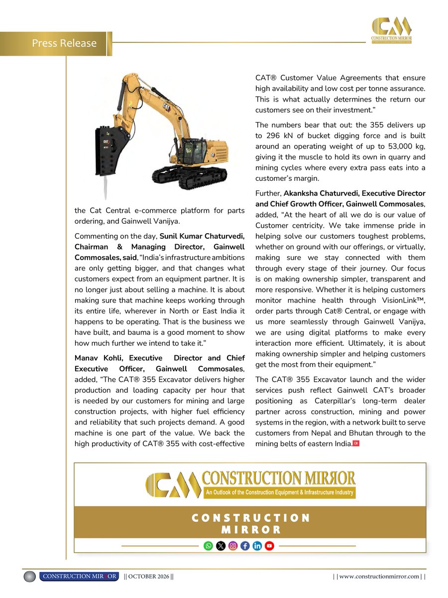 constructioncm1's tweet photo. Gainwell CAT has launched the CAT® 355 Excavator at bauma CONEXPO India 2026 in Greater Noida.
Read more: https://t.co/epv3WFYVu5
#GainwellCAT #CAT355 #baumaCONEXPOIndia2026 #Mining #ConstructionMirror https://t.co/mm8OtAfDZ3