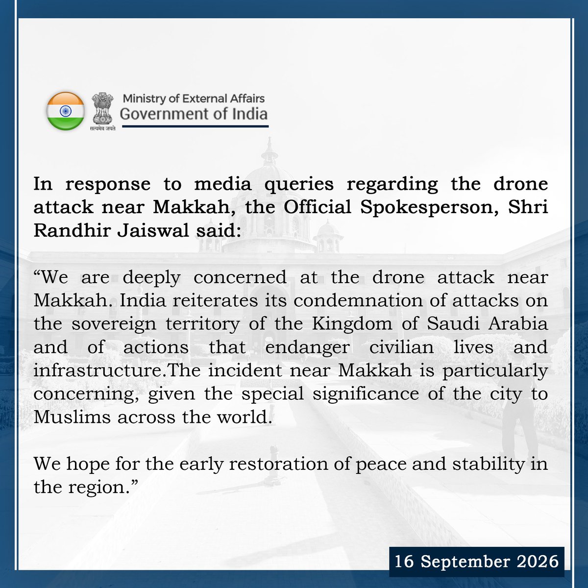 MEAIndia's tweet photo. Our response to media queries regarding the drone attack near Makkah ⬇️

🔗 https://t.co/l3qVpApFa3 https://t.co/2bXH7fzijo