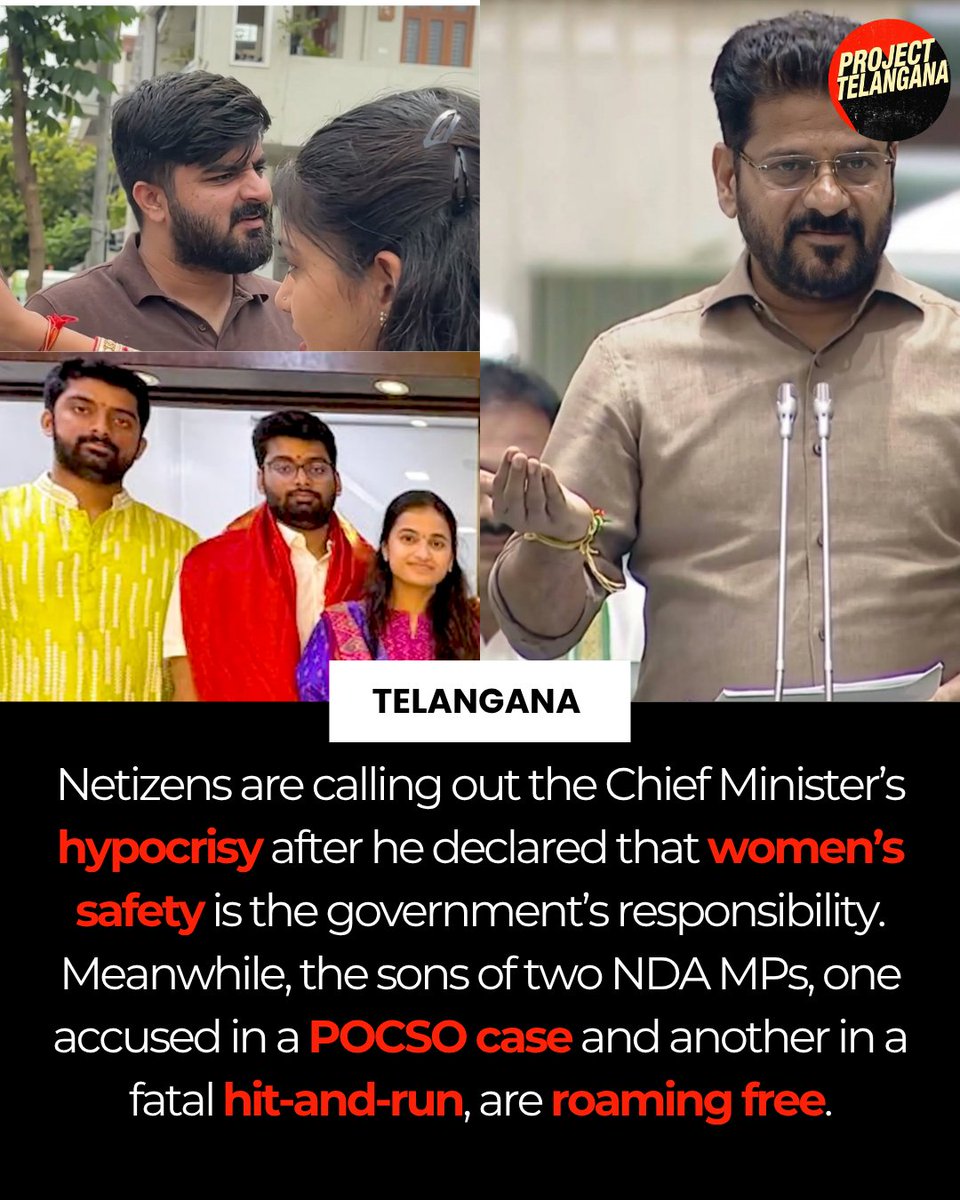 projectelangana's tweet photo. The Chief Minister says women’s safety is the government’s responsibility. Yet the sons of two NDA MPs—one accused in a POCSO case and another in a fatal hit-and-run—are reportedly roaming free. Netizens are asking: does accountability change with political connections? https://t.co/hRvD4tqz0Q